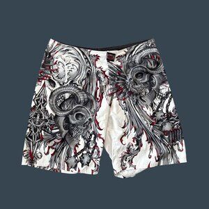 MMA Elite Mens XL Skull & Flames Graphic Board Shorts White/Black/Red Polyester
